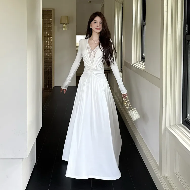 【运补6-8r】纯欲风v领蕾丝拼接礼服裙收腰高级感气质a字大摆长裙