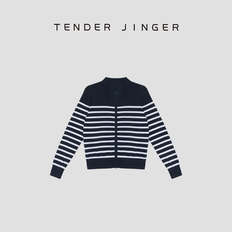 Tender Jinger【黑标】条纹丝光羊毛针织开衫T53BBS41266