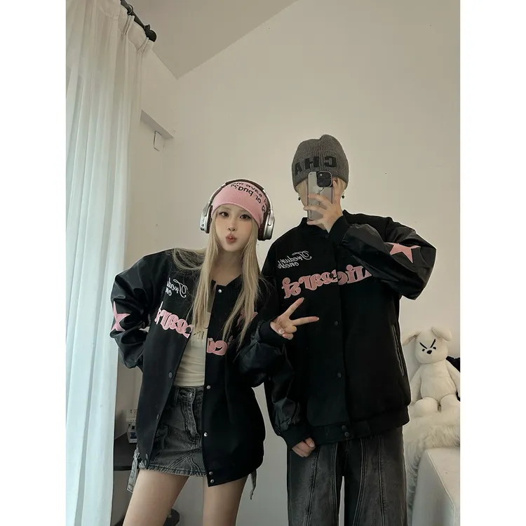 情侣装美式蝴蝶刺绣棒球服外套女春秋季甜酷韩系穿搭夹克撞色上衣