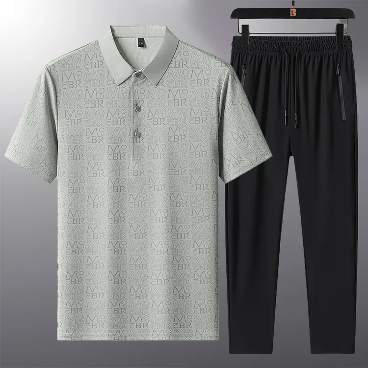 速干POLO衫夏季清爽冰丝裤中年爸爸翻领短袖商务休闲速干薄款套装
