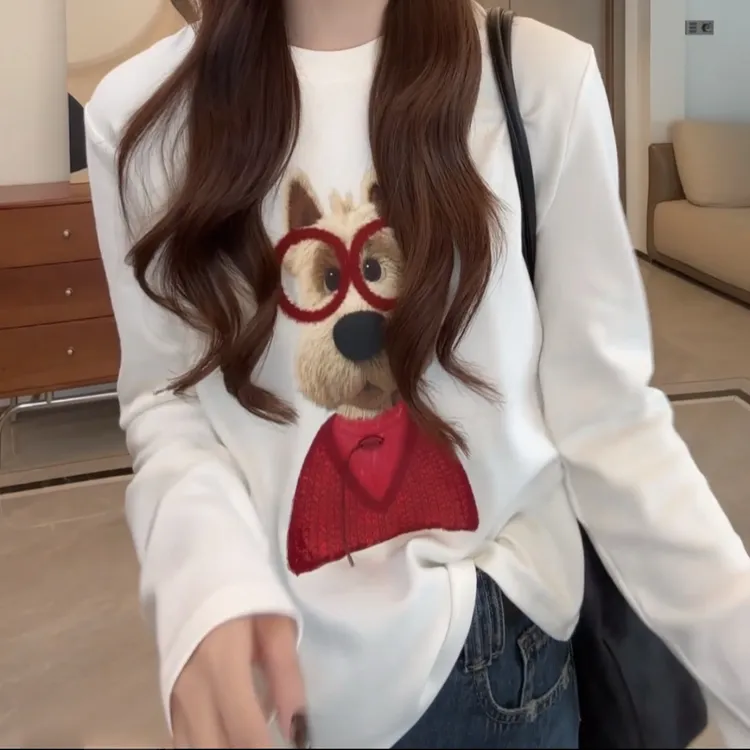 早秋显瘦减龄圆领眼镜小狗打底T恤女2025韩系休闲风百搭宽松长袖