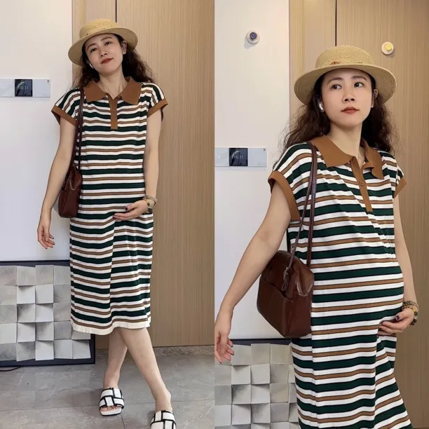 梨形身材穿的孕妇装夏季新款减龄撞色宽松条纹POLO领针织连衣裙