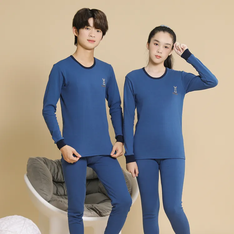 儿童纯棉套装厚款自发热长裤保暖圆领保暖套装长袖大码青少年无痕