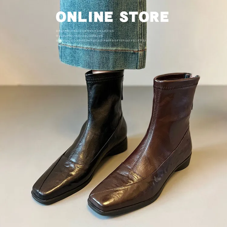 通勤低跟方头英伦风短靴粗跟百搭加绒瘦瘦靴真皮秋冬靴子2025新款