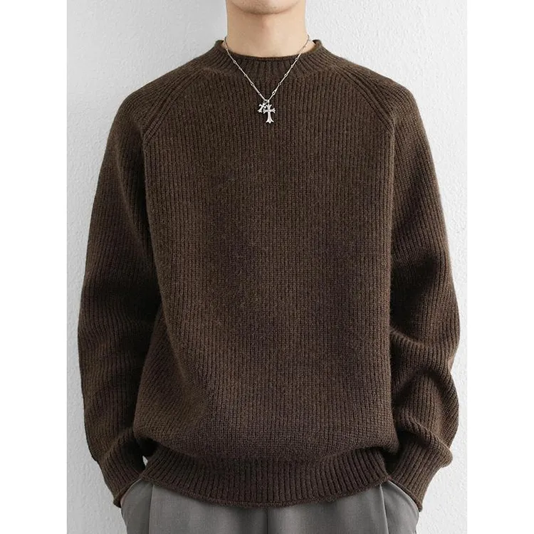 重磅美式插肩袖毛衣男秋冬季套头纯色加厚卷边针织衫内搭打底衫男