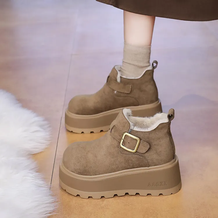 PinkAvril厚底增高勃肯雪地靴女2025新款冬季加绒短靴超火松糕防