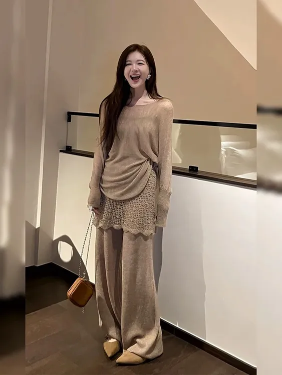 小香风气质穿搭一整套女秋装搭配蕾丝镂空针织衫上衣裤子两件套装