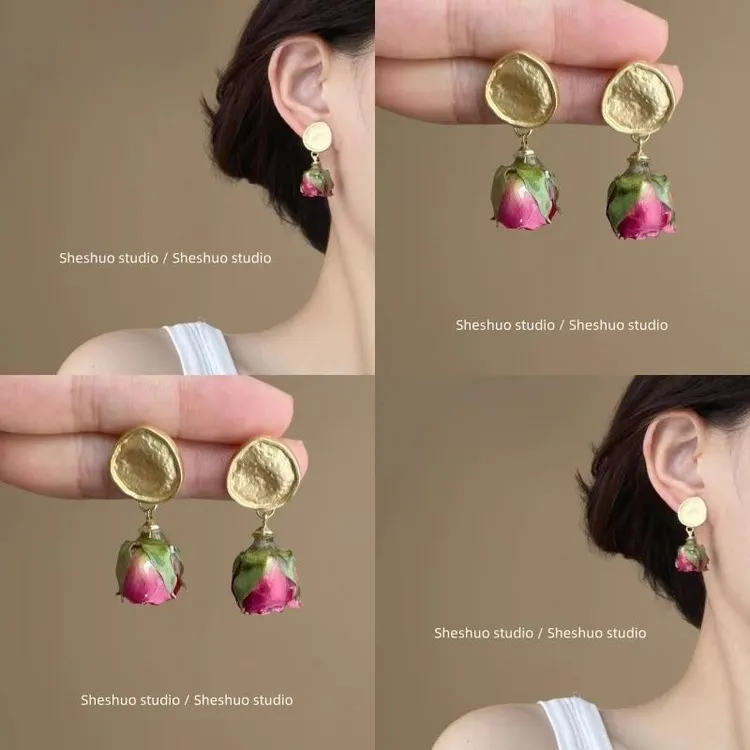 敲温柔!干枯玫瑰花朵耳环女森系超仙设计感耳钉温婉气质百搭耳饰