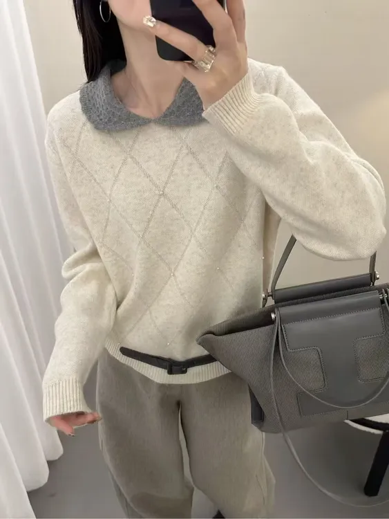 羊毛翻领针织女拼色冬季套衫秋冬长袖毛针织衫高领