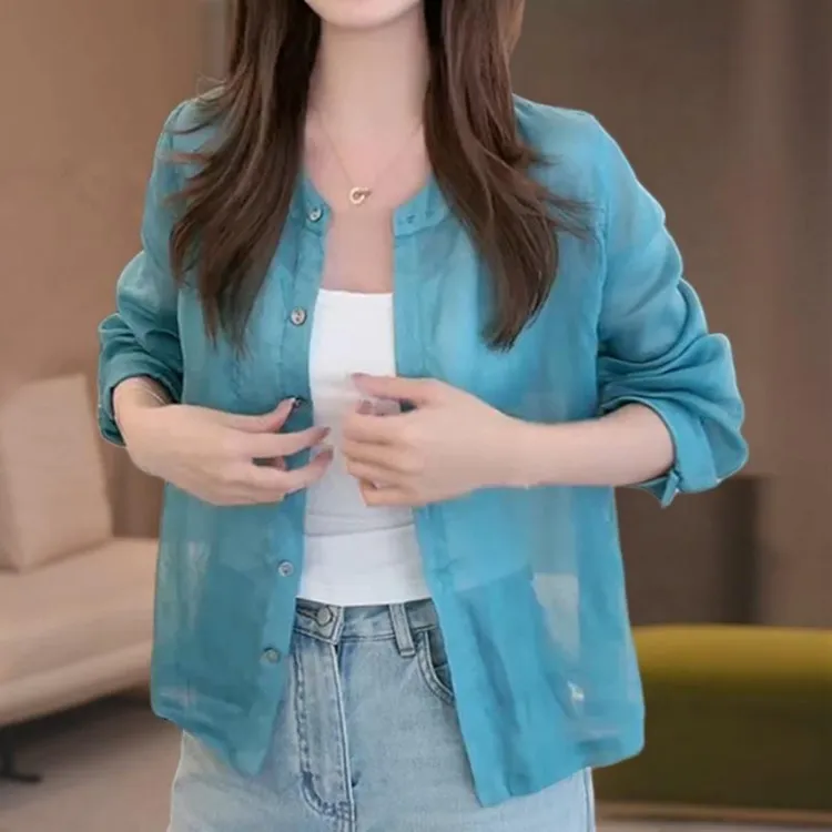 薄款纯色圆领衬衫女春夏时尚洋气宽松显瘦小个子单排扣长袖防晒衫