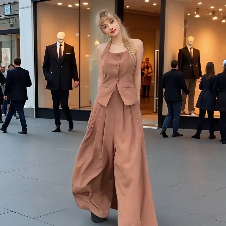 气质洋气通勤女装减龄无袖挂脖INS风显瘦棉麻套装轻熟风原宿风