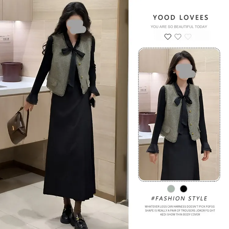 法式气质时尚套装女2025春秋新款马甲长袖打底衫阔腿裙裤三件套