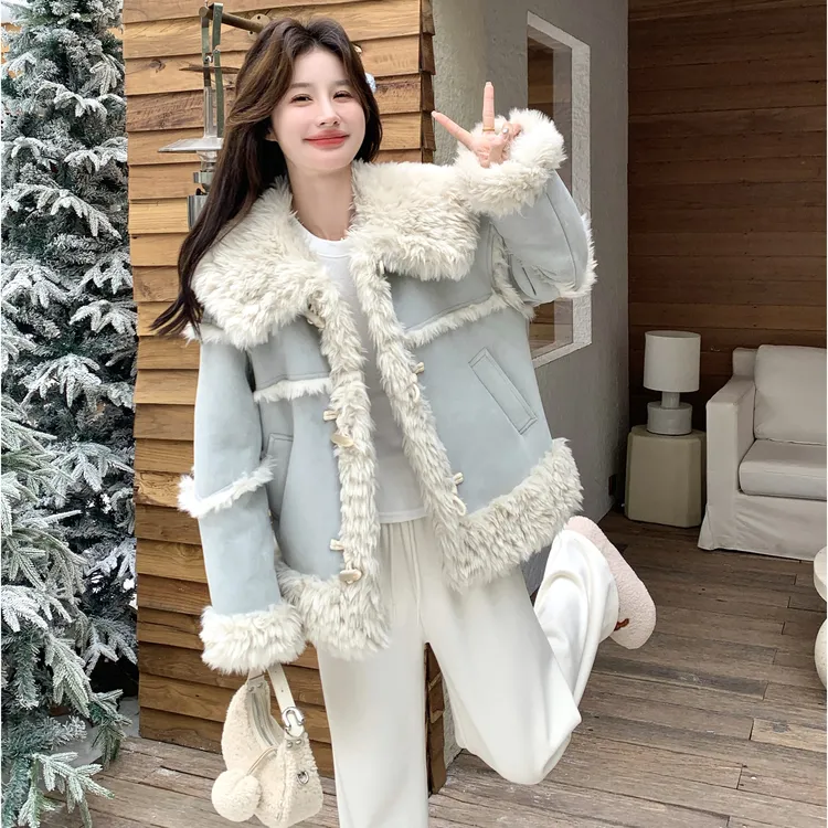 浅蓝色加绒仿气质外套女冬季2025新款韩系短款小香风绒秋冬加厚