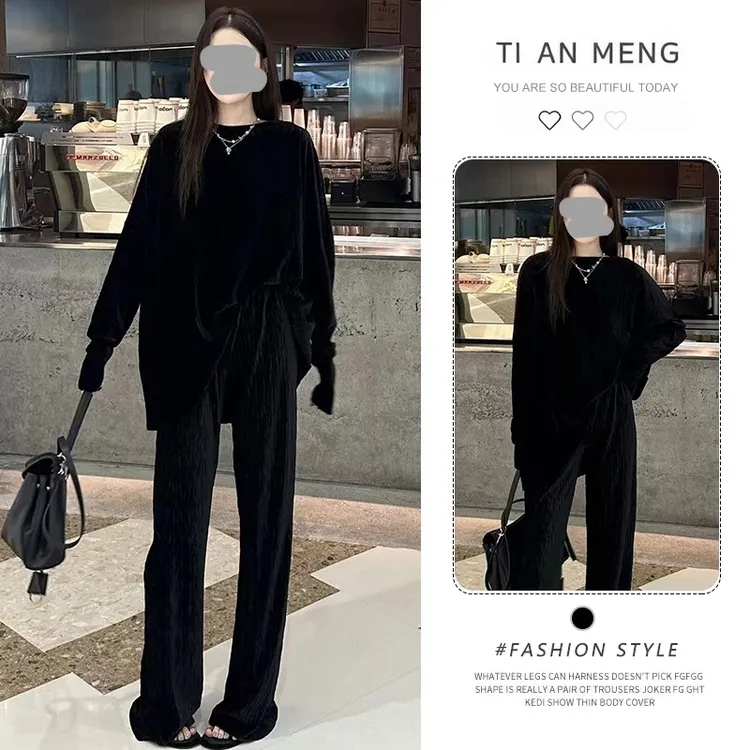 小众不撞款套装女新款高腰阔腿裤一整套ootd穿搭设计感长袖上衣潮