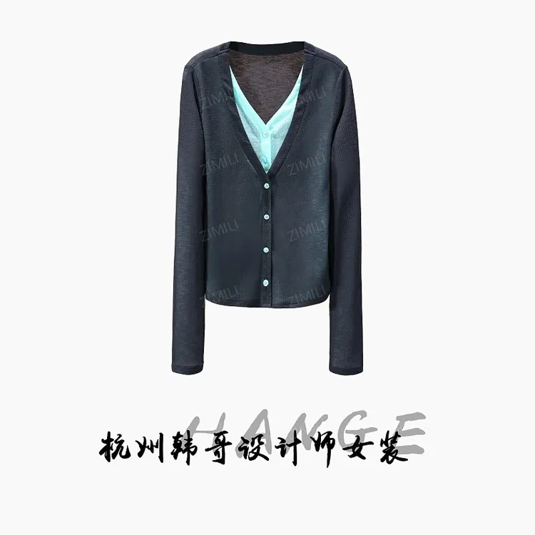 【韩哥女装】2025欧版鲨鱼灰拼接假两件休闲开衫打底上衣10067-A8