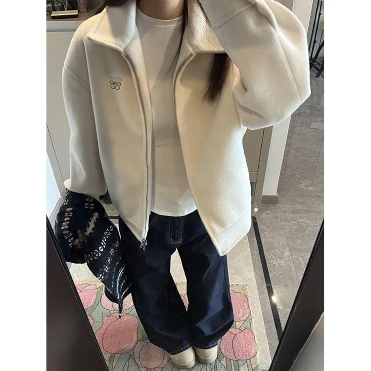 美式复古奶白色翻领毛呢外套女秋季新款高级感百搭开衫夹克短上衣