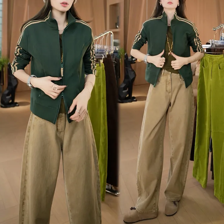 2025秋季新款时尚百搭拼接织带双拉链外套百搭弯刀牛仔裤时尚套装