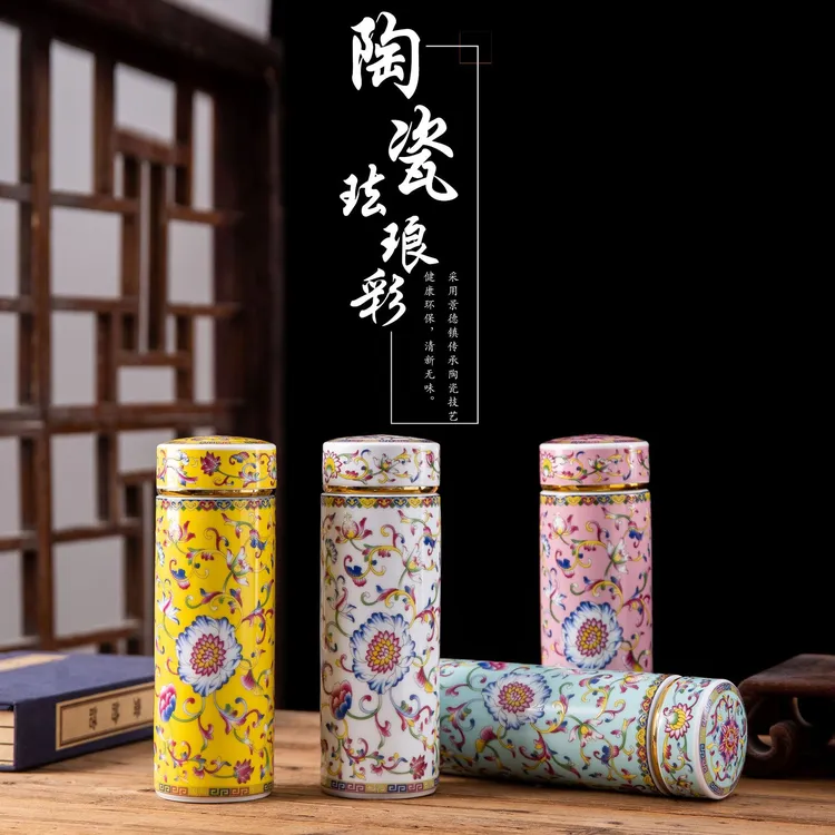 【西藏包邮】陶瓷保温杯双层带盖办公杯珐琅彩随手杯陶瓷商务杯