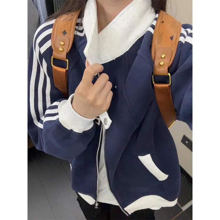 美式学院风开衫卫衣男女款秋冬季立领拼接撞色外套条纹棒球服夹克