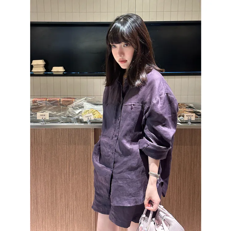 高级松弛感紫色亚麻衬衫套装女夏气质通勤简约上衣短裤休闲两件套