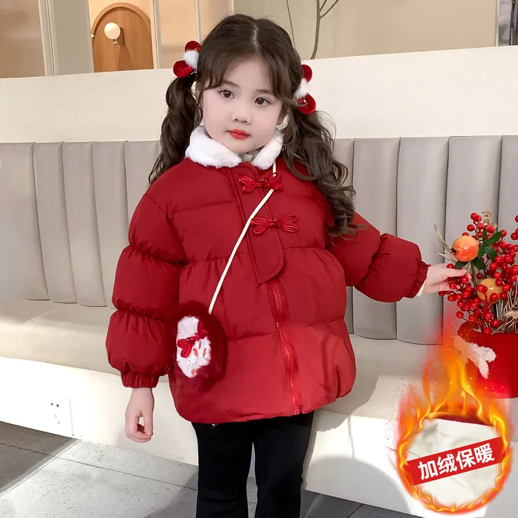 女童新年加绒棉衣2025新款女宝宝加厚冬装拜年服儿童红色保暖棉袄