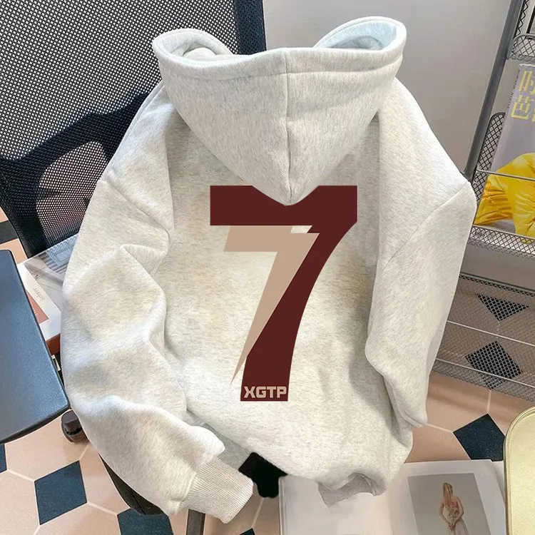 宽松型学院风复古印花棉连帽卫衣女秋冬加绒百搭重磅宽松慵懒外套