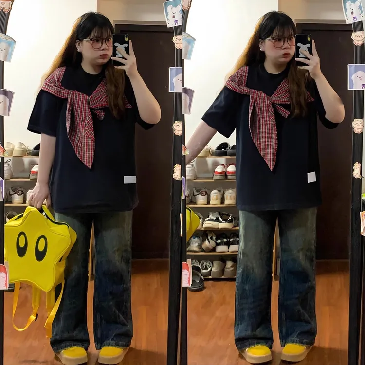 300斤胖mm大码蝴蝶格子绑带黑色短袖t恤女学院风小众减龄半袖上衣