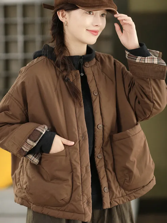 新款复古棉时尚休闲夹棉外套女内里格纹保暖棉衣大口袋棉袄棉服