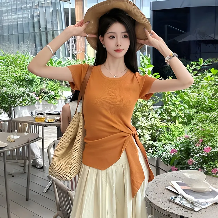 【现货】不规则冰丝短袖t恤女2025爆款夏季高级感修身绑带针织上衣