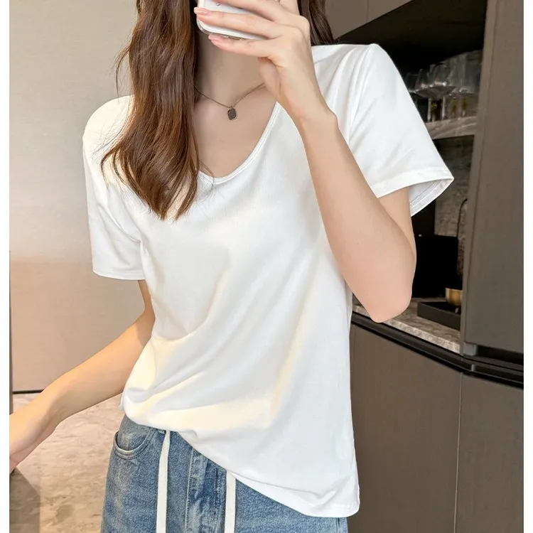 夏季高品质白色巨显瘦上衣v领短袖微胖mm宽松版t恤女大码秋装长袖