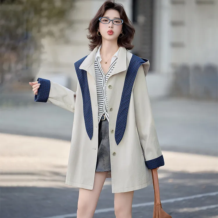 风衣女中长款2025春秋新款今年流行爆款巨好看格纹拼接大衣外套潮