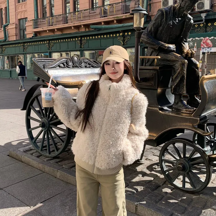 2025新款泰迪卷卷立领仿羊羔毛外套女冬保暖显瘦韩系短款毛毛上衣