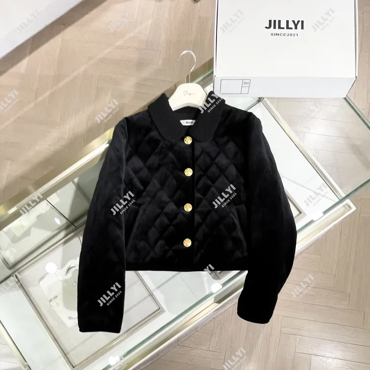 jillyi【典雅黑】黑色菱格元宝领金色单排扣时尚休闲百搭短外套