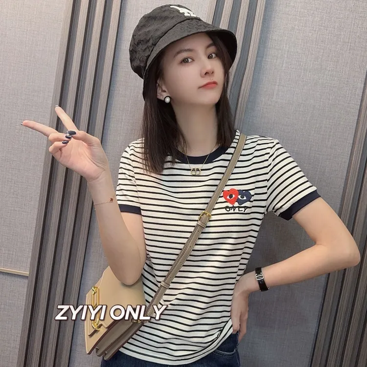 2025夏季新款复古条纹潮牌印花T恤拼色显瘦小众时尚短袖上衣女潮