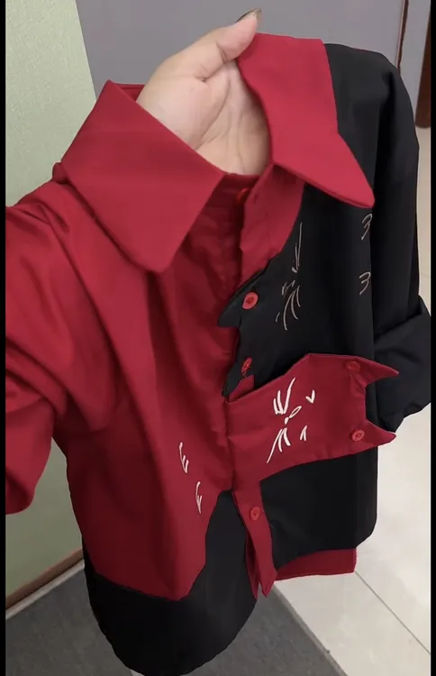 韩版洋气时尚撞色拼接卡通猫翻领衬衫女2025秋季宽松显瘦减龄上衣