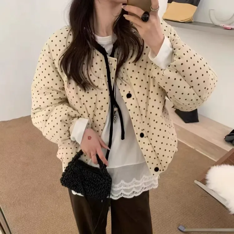 灯芯绒系带小花棉服2025冬新款小个子减龄保暖厚棉衣外套甜美棉袄