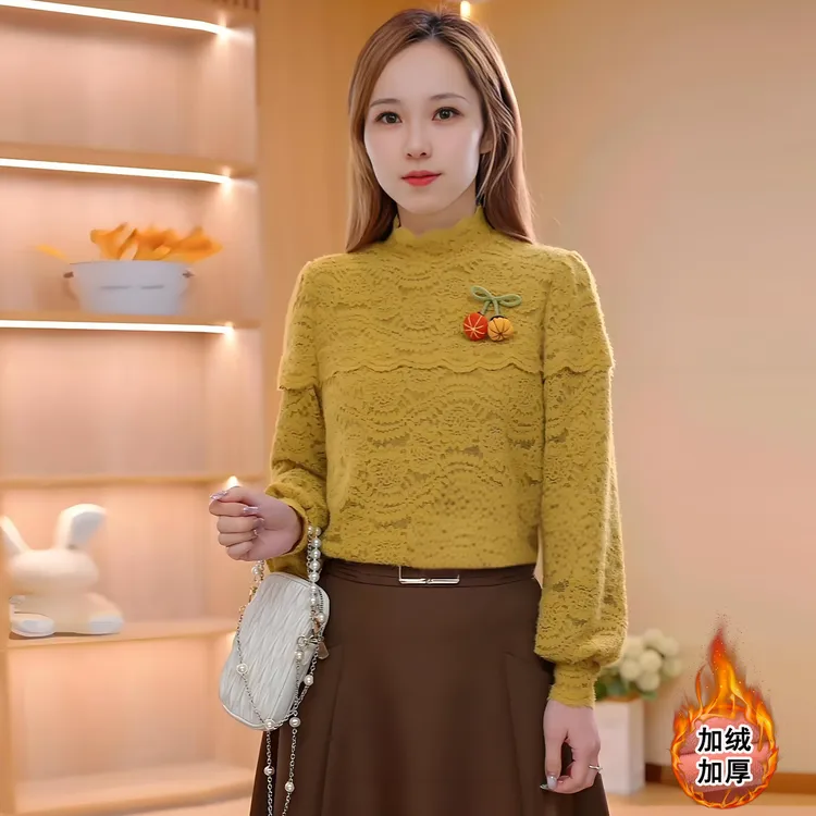 时尚加绒加厚蕾丝衫女秋冬新款流行半高领磨毛上衣百搭休闲打底衫