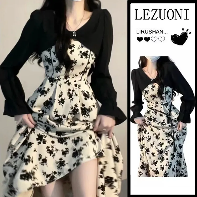 碎花吊带连衣裙两件套早秋季新款新品感法式显瘦纯欲长裙套装