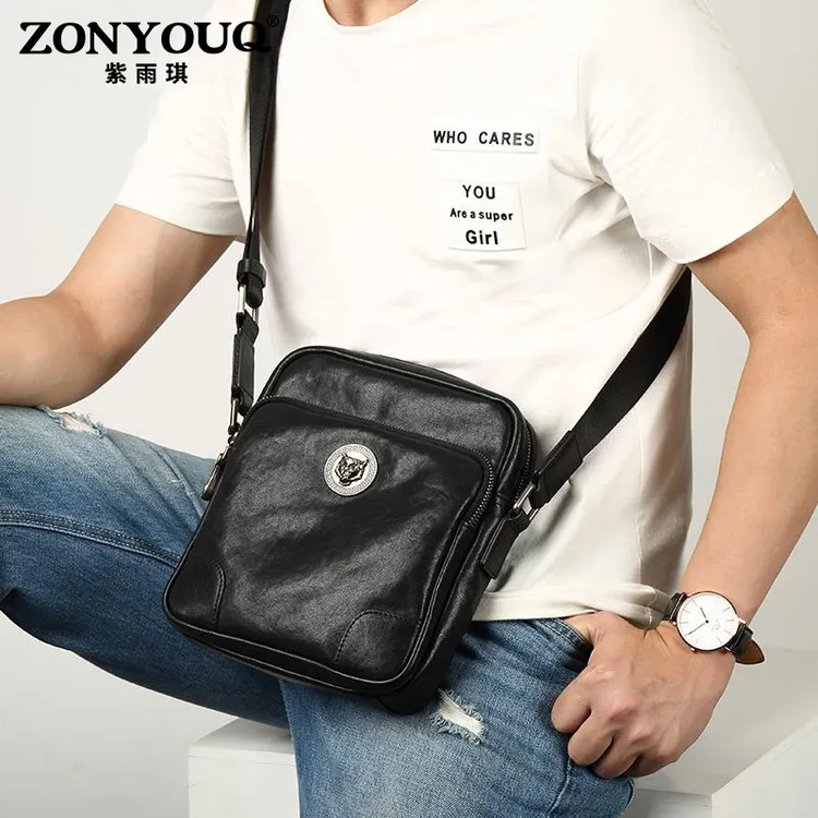 紫雨琪2025新款商务真皮男士单肩斜挎包百搭头层牛皮男包潮男胸包