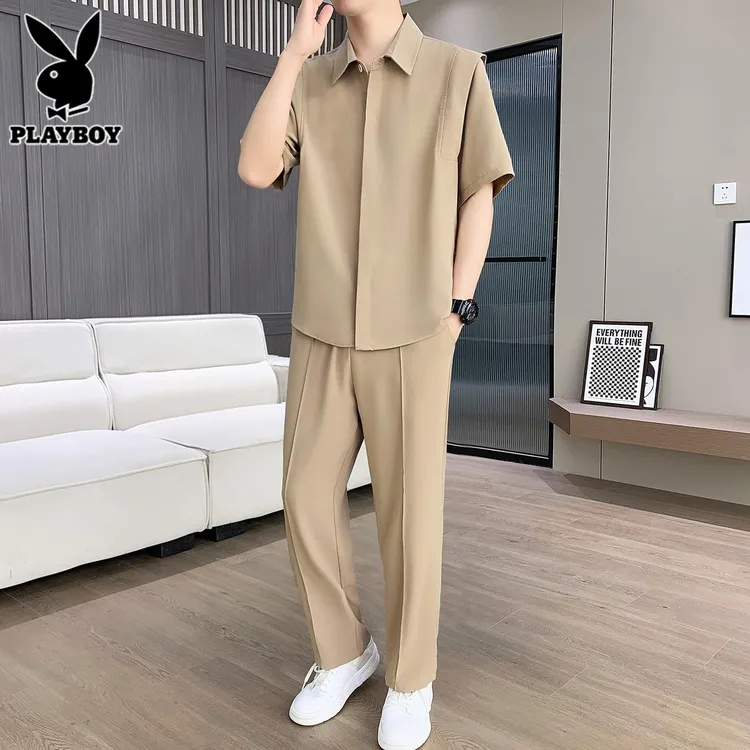 花花公子短袖衬衫套装男士2025年夏季潮流休闲轻熟风搭配西裤一套