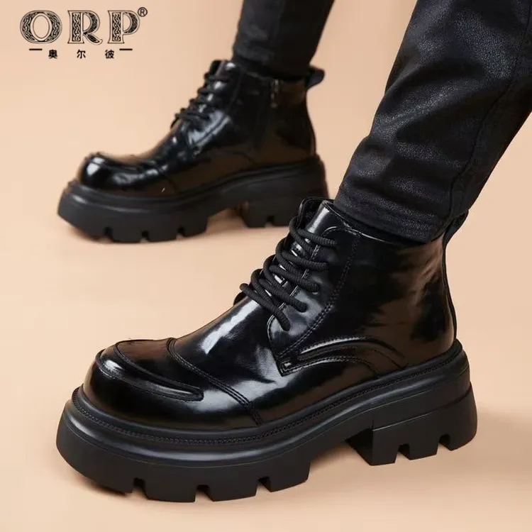 马丁靴男款2025冬季新款真皮中高帮男靴英伦风厚底增高百搭皮靴子