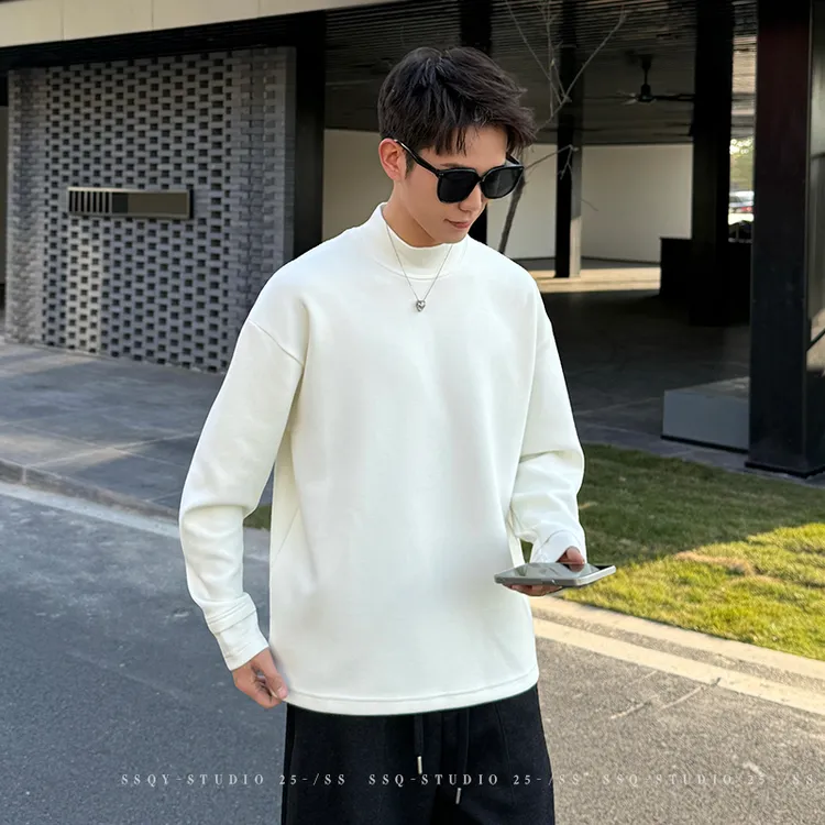 【时尚起易】羊毛混纺加绒加厚打底衫男半高领休闲百搭宽松情侣保暖