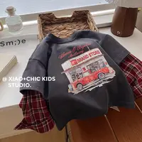 超洋气~韩版儿童拼接假两件纯棉长袖T恤秋装男童打底圆领上衣春秋