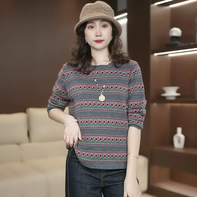 秋装提花圆领套头小花羊毛衫女长袖针织时尚打底毛衣薄款上衣3425