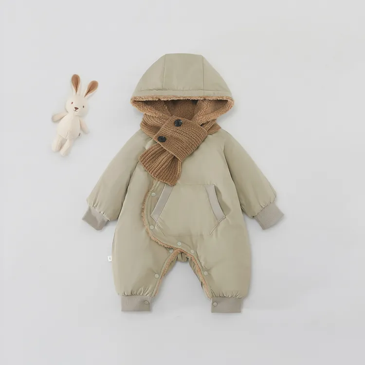 帅气男女宝冬装加绒加厚款围脖棉衣外出棉服婴儿衣服秋冬季连体衣