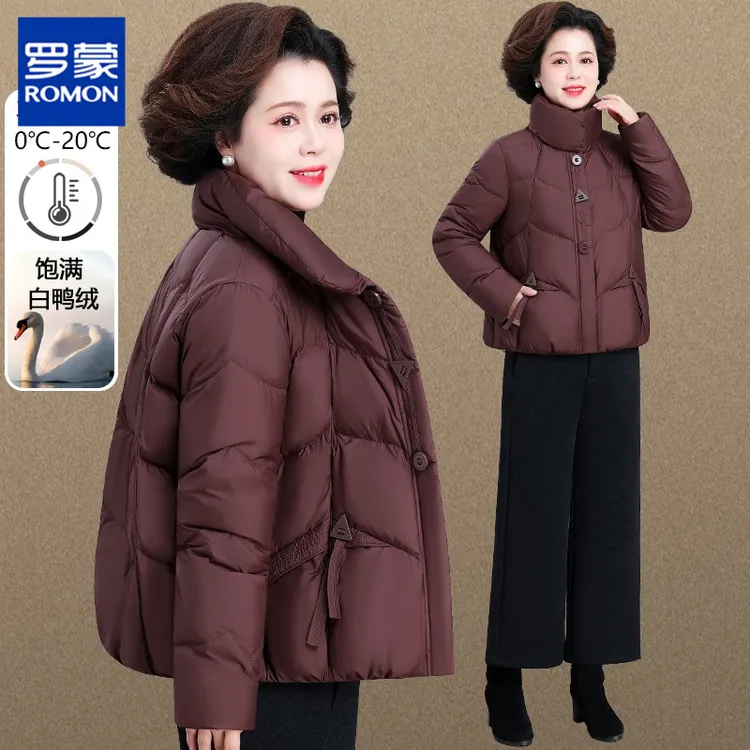 罗蒙中年妈妈冬装羽绒服短款加厚上衣中老年人秋冬季外套女款大码