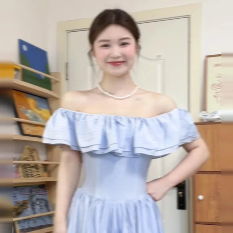 2939法式高级感白色一字肩连衣裙子女夏季2025年新款收腰显瘦长裙