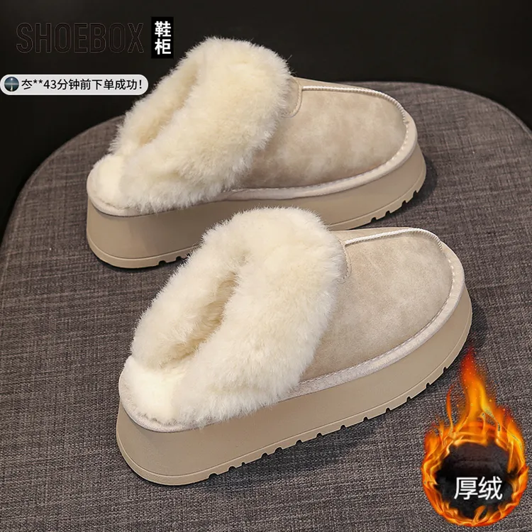 达芙妮集团旗下桑坡村厚底毛毛半拖鞋女外穿2025冬季新款加绒棉鞋