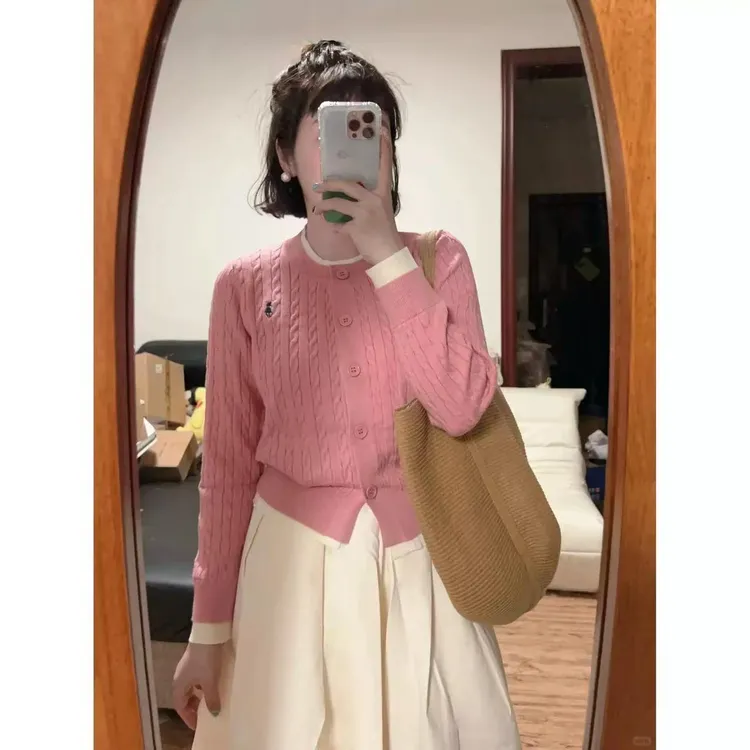 粉色假两件麻花毛衣开衫女2025早夏季新款慵懒风短款针织外套上衣