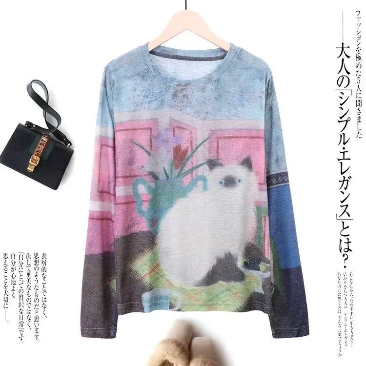 可爱猫咪慵懒感印花上衣薄款长袖老钱风防晒罩衫显瘦打底衫